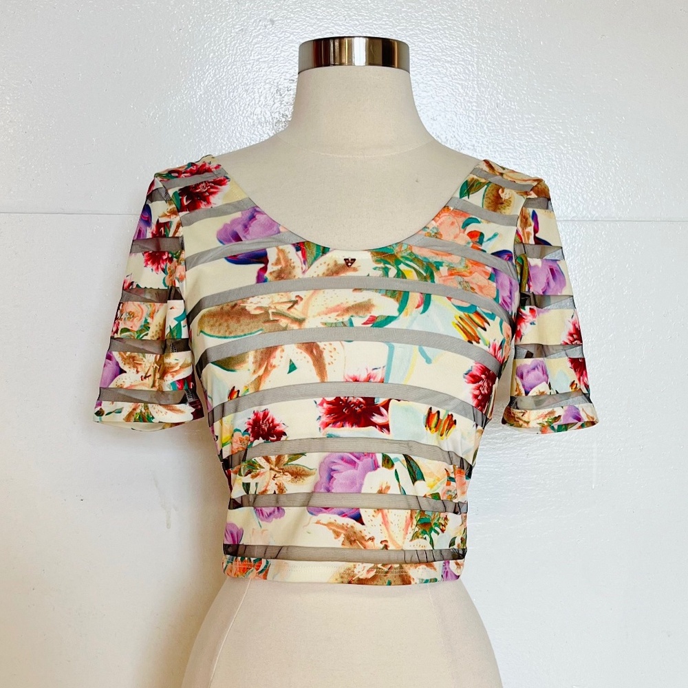 Guess Tropical Floral Ivory Cream Cropped Top Fitted Tee Low Back Sheer Mesh